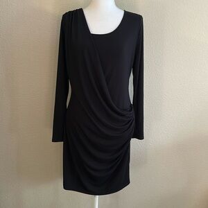River Island Little Black Dress LBD sz 14 Long Sleever Stretch Knit Faux Wrap